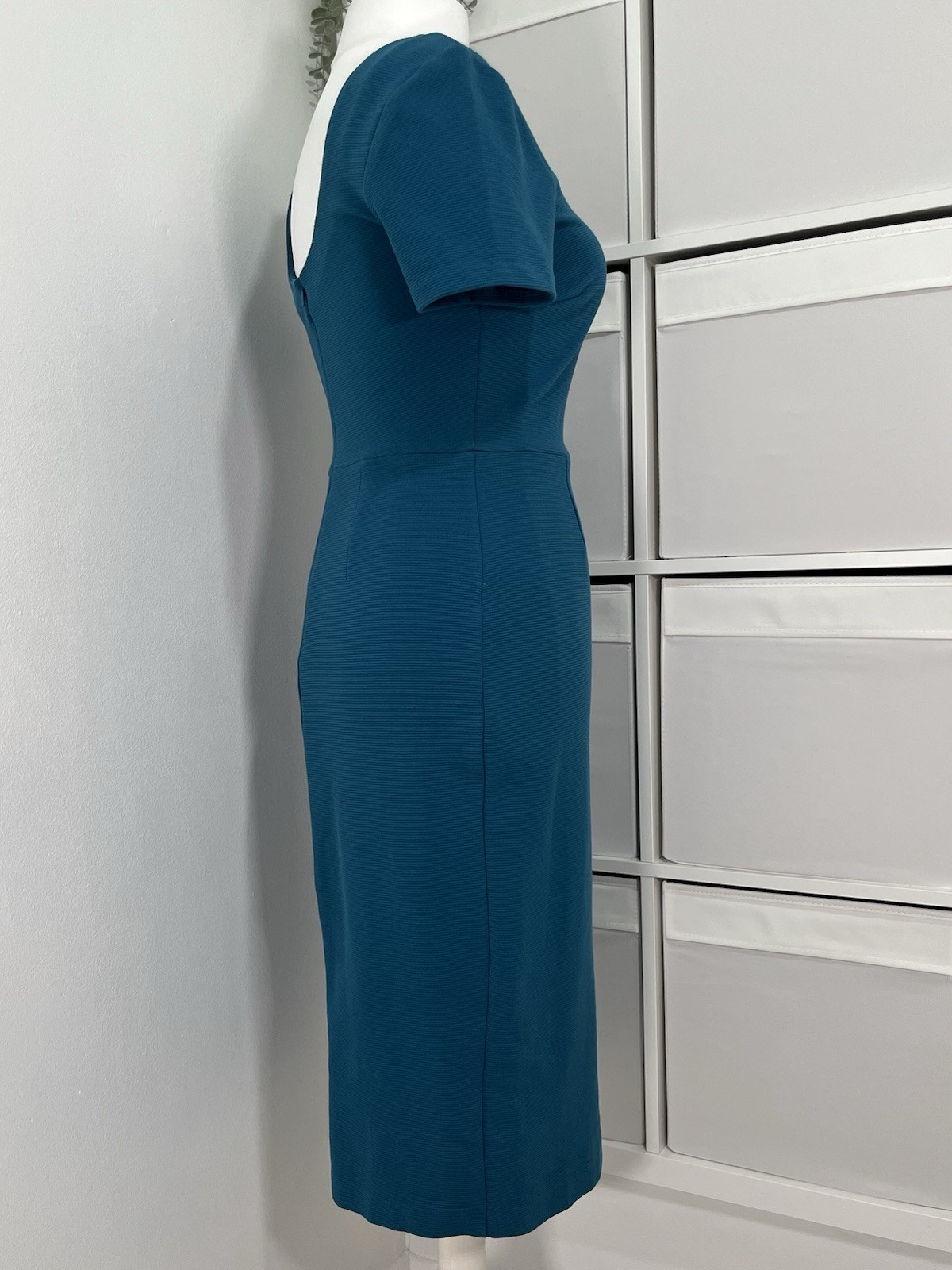 Boden Ribbed Pencil Wiggle Midi Dress Size 14 Blue Stretch Occasion Office Work