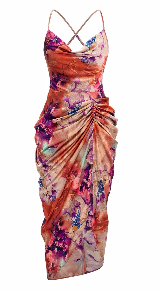 Micas Floral Ruched Satin Slip MIDI Dress, Orange/Purple, Women’s Size M
