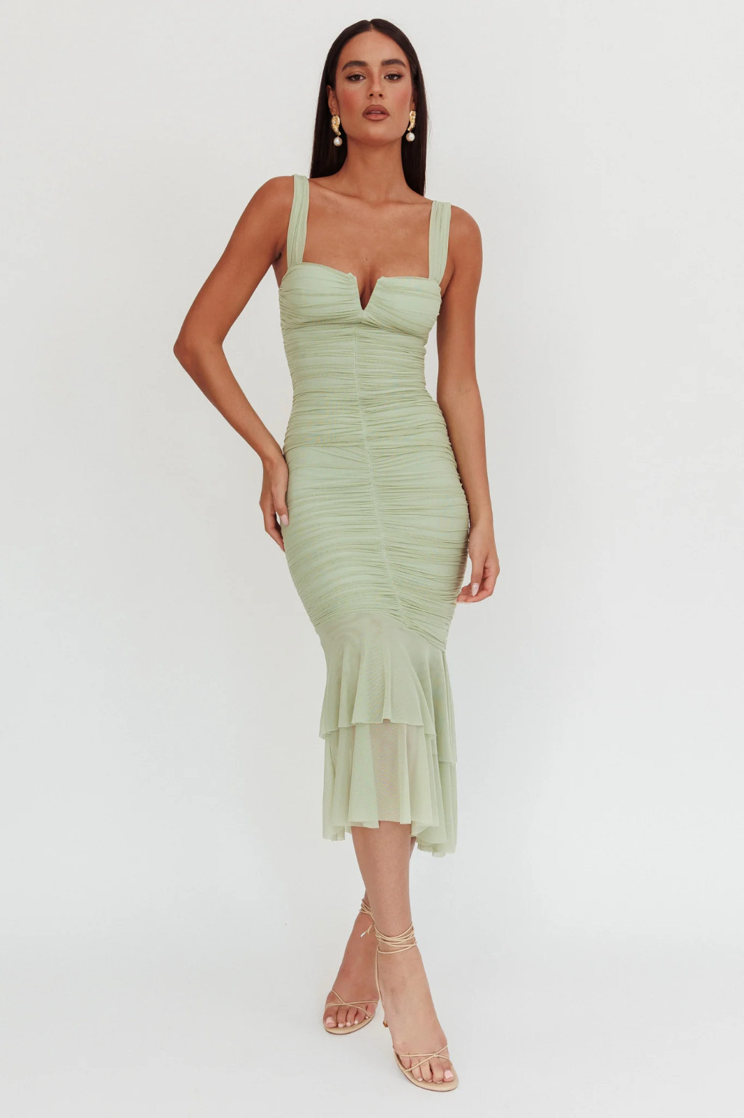 Nadia Ruched Fishtail Maxi Dress Pistachio (size 12)