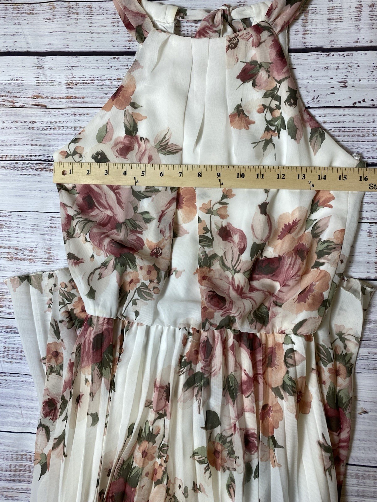Premier Amour Size 2 Ivory Pink Floral Chiffon Halter Maxi Dress Pleated Bow