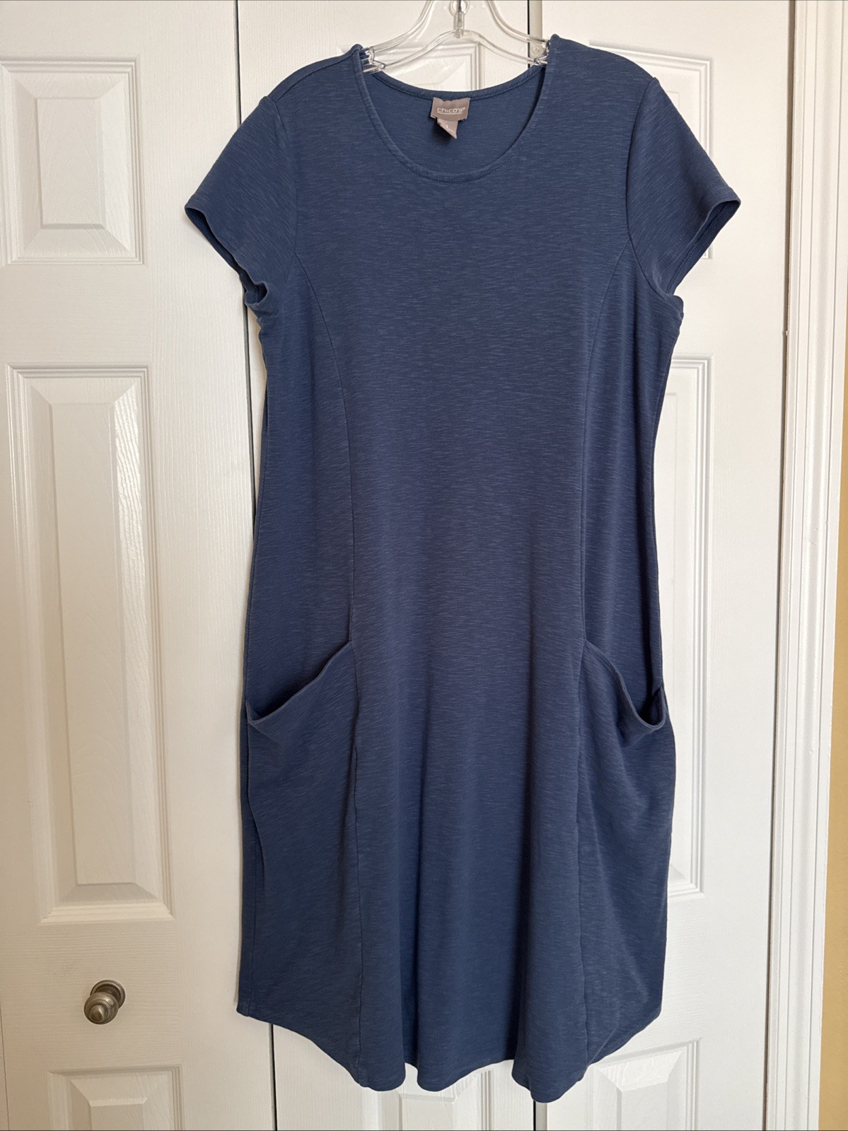 Chicos Short Cap Sleeve Casual Coastal Pockets Knit Comfy Pullover Dress Sz 1/M