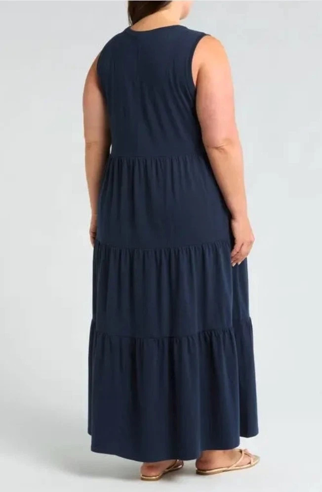 CASLON Womens 2x 100% Organic Cotton Sleevless Tiered Maxi Dress w/Pockets 0431