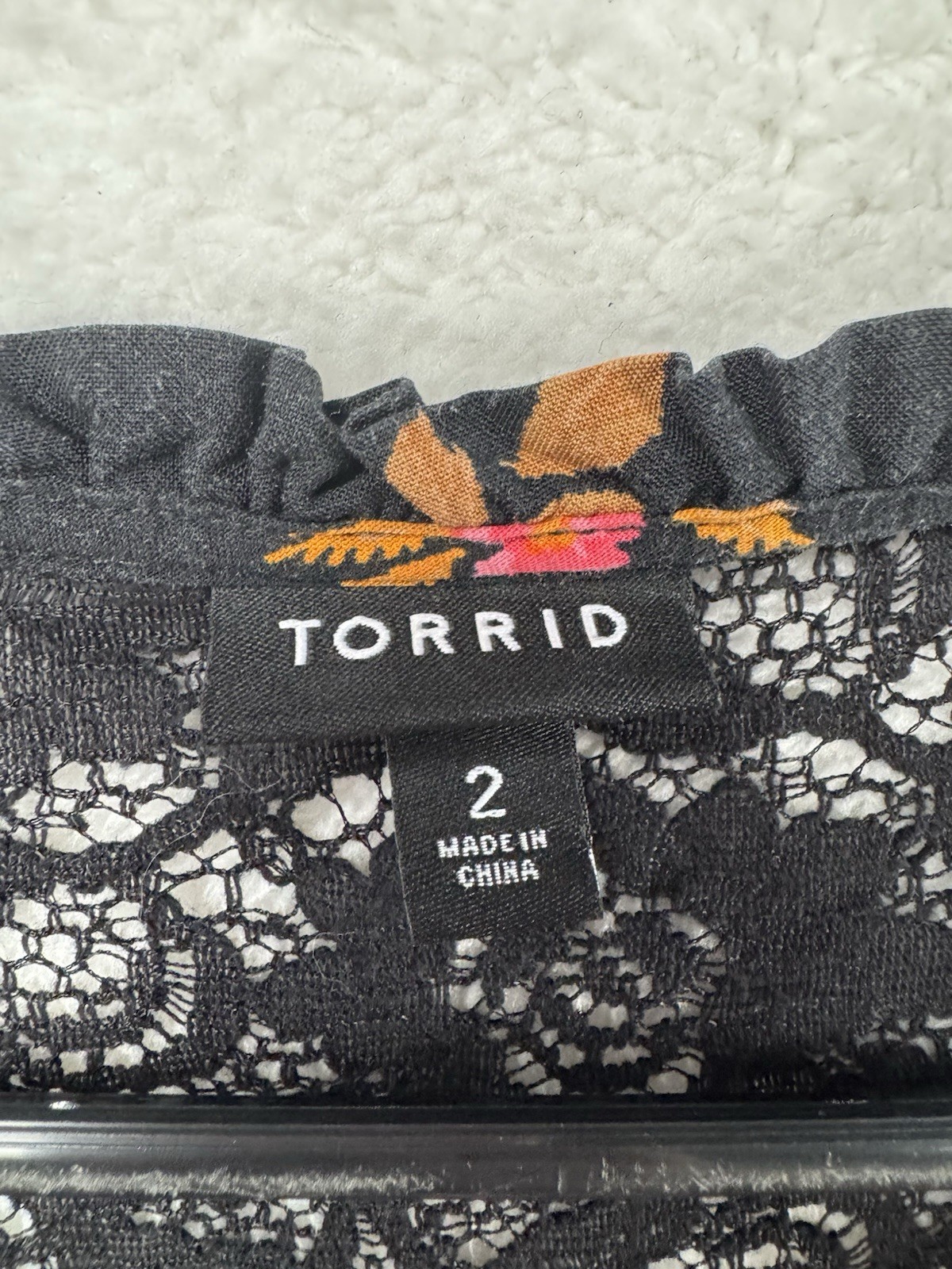 Torrid Plus Size 2 A-Line Black Pink Floral Lace Yoke V-Neck 3/4 Sleeve Dress