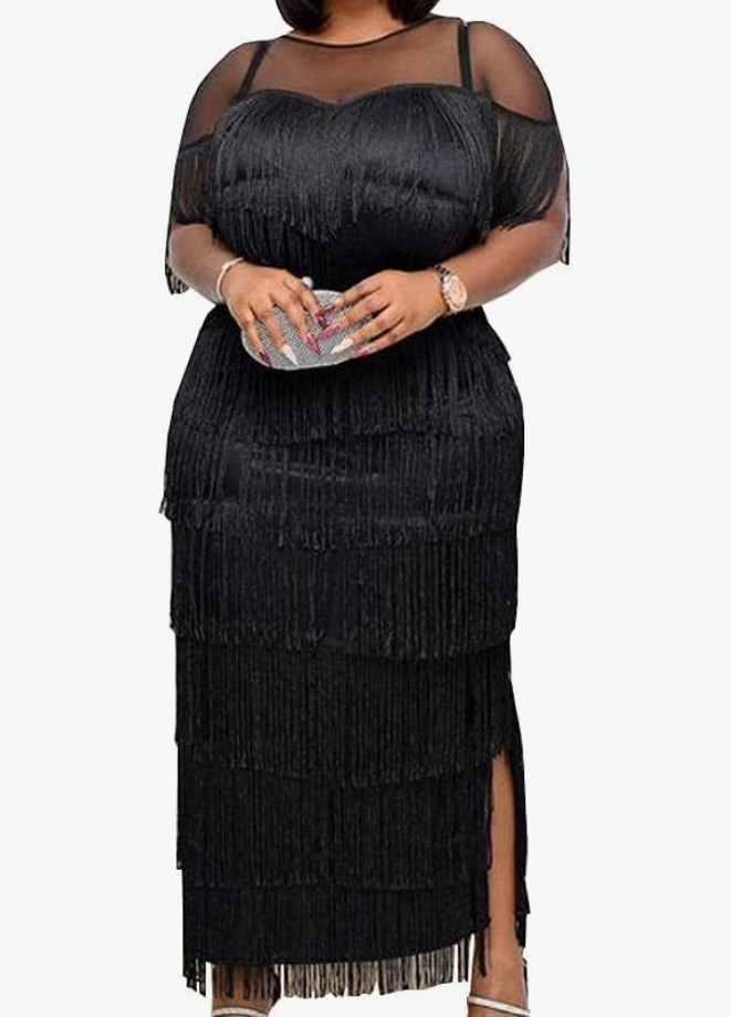 Aomei Mesh See Through Crewneck Patchwork Tassel Tiered Fringe Long Dress Sz 3XL