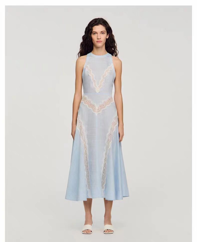 sandro Blue Striped Lace patchwork Sleeveless Dresses Women’s