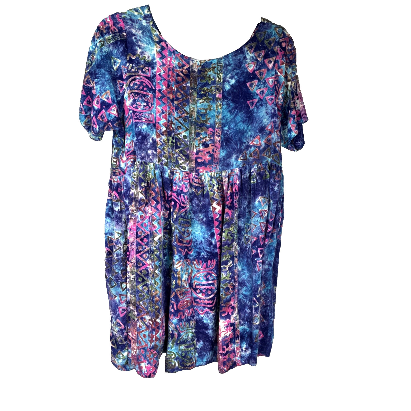 Batik Tie Dye Babydoll Mini Dress Tunic Blue Purple Flowy Boho Vtg Pockets S M 8