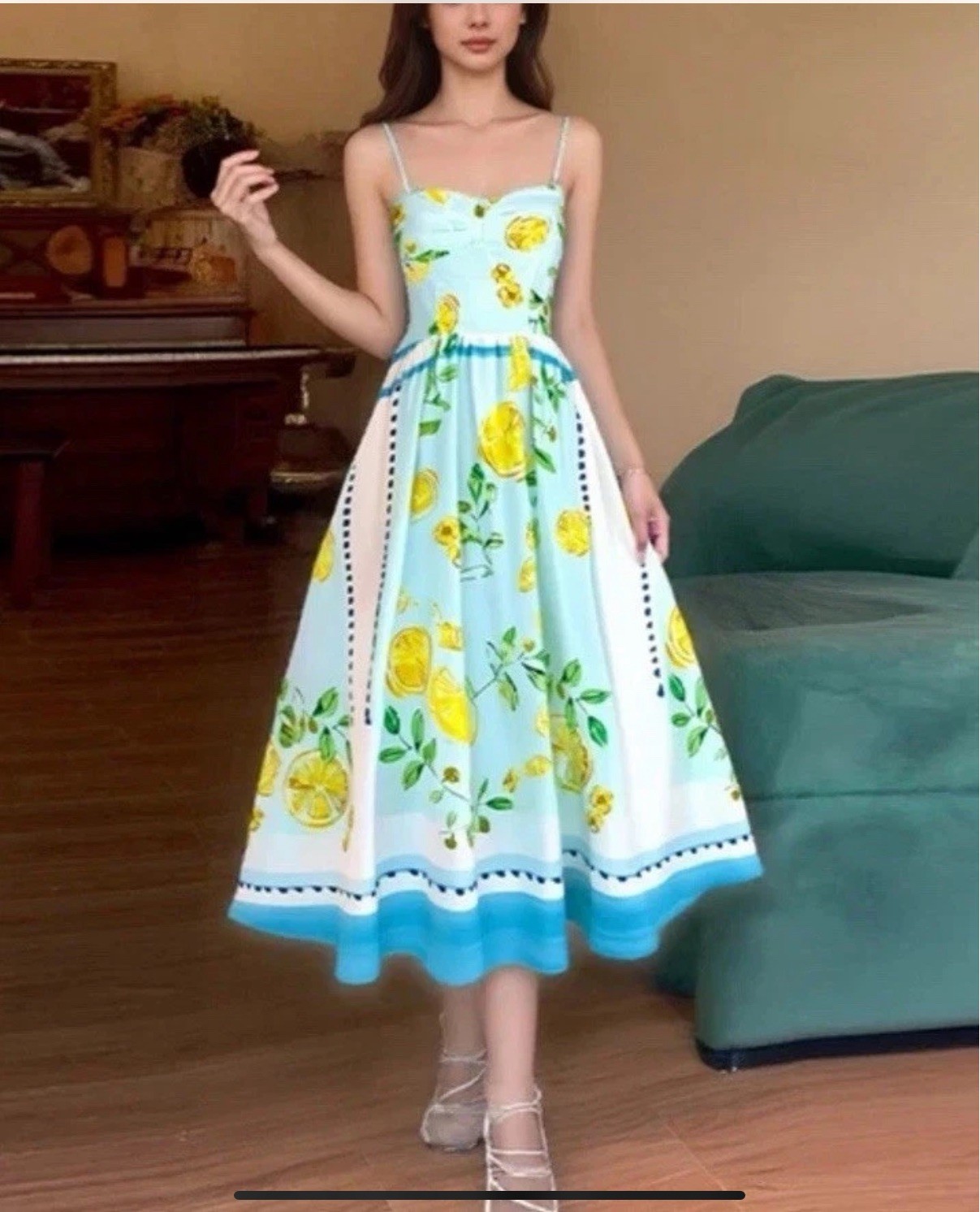 ZARA Lemon Print Poplin Midi Dress Size M Holiday Summer 3454/347