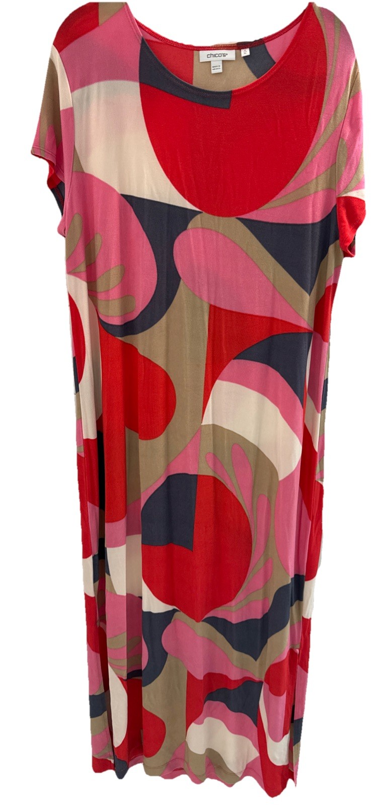Chico’s Geometric Abstract Maxi Dress 3 Acetate Blend Stretch Travel Artsy Comfy