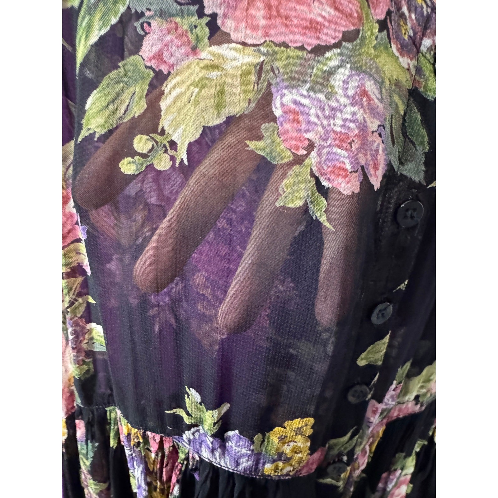 Nostalgia Black Floral Sheer Overlay Maxi Dress L 13/14 Boho Cottagecore vintage