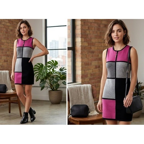 Vintage Nicole Benisti Colorblock Sheath Dress Pink Grey Black Geometric