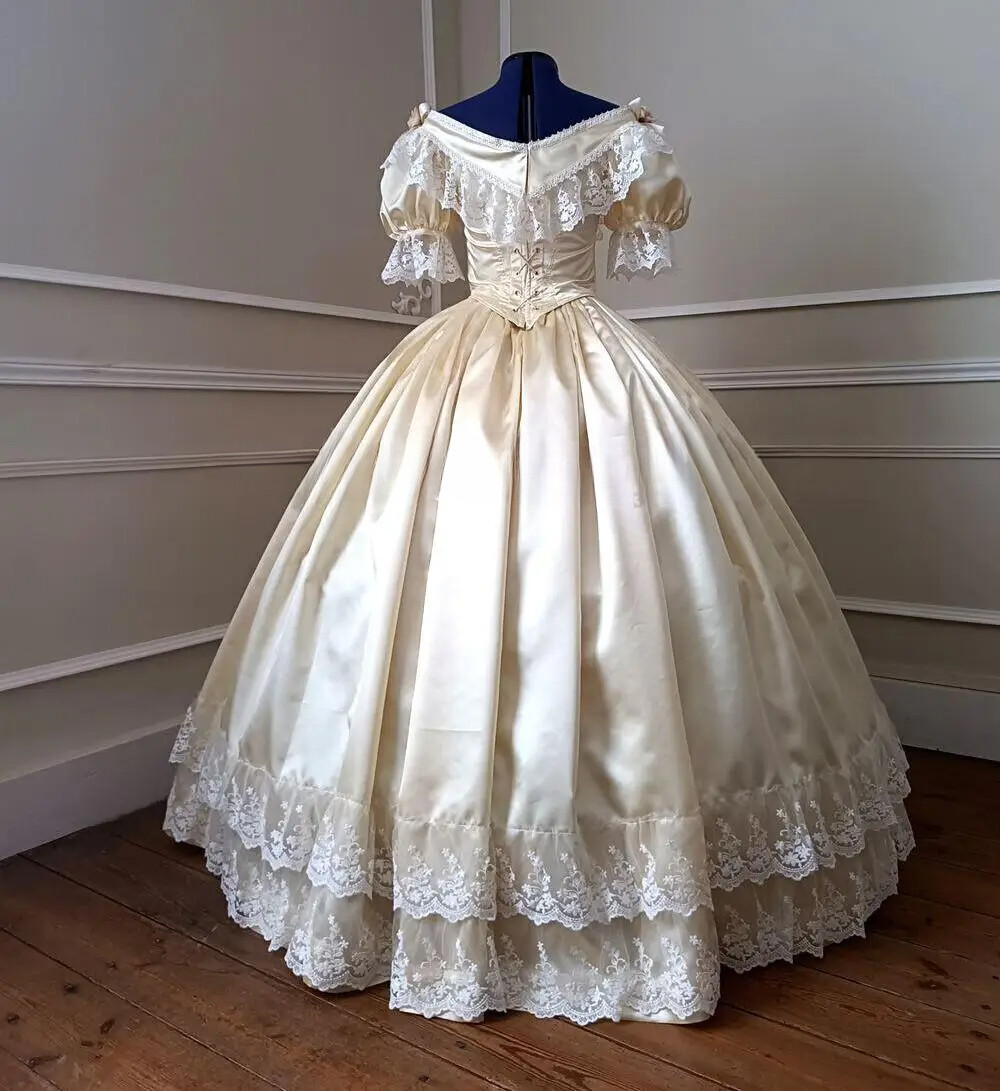 Off Shoulder Victorian Cream Satin Rose Bow Ball Gown Historical Wedding Dress