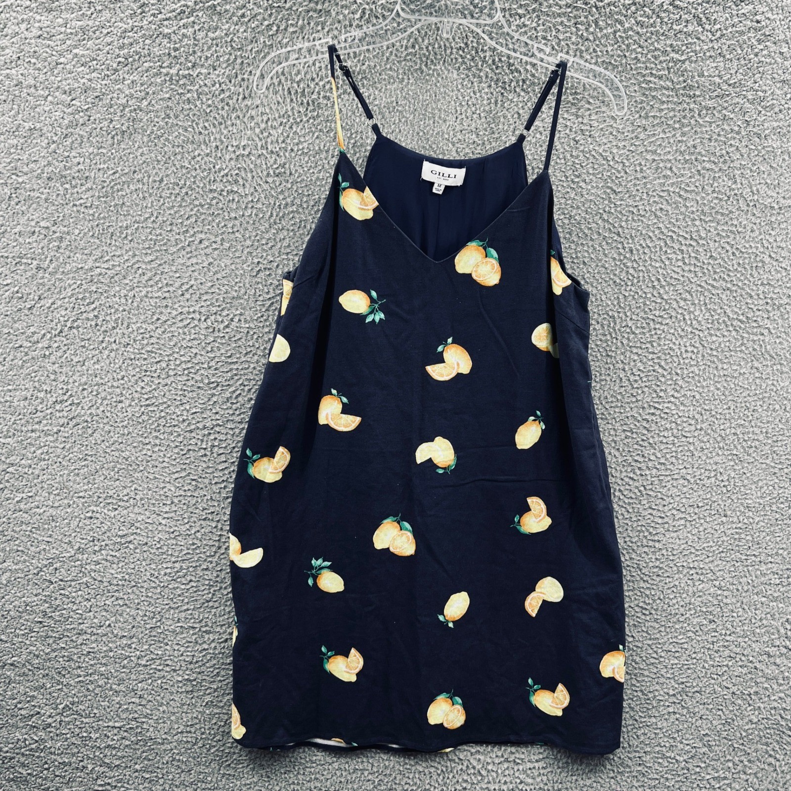 Gilli Womens Slip Dress Med Blue Lemon Print Linen Blend Casual Summer Flowy
