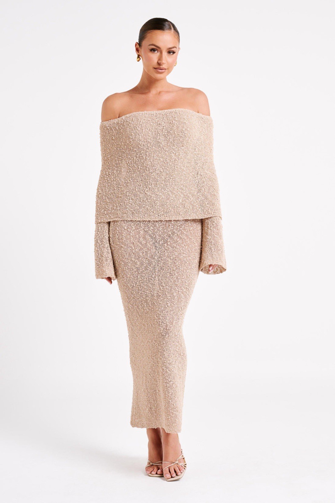 Meshki Marisol Off Shoulder Boucle Maxi Dress – Wheat Size XL