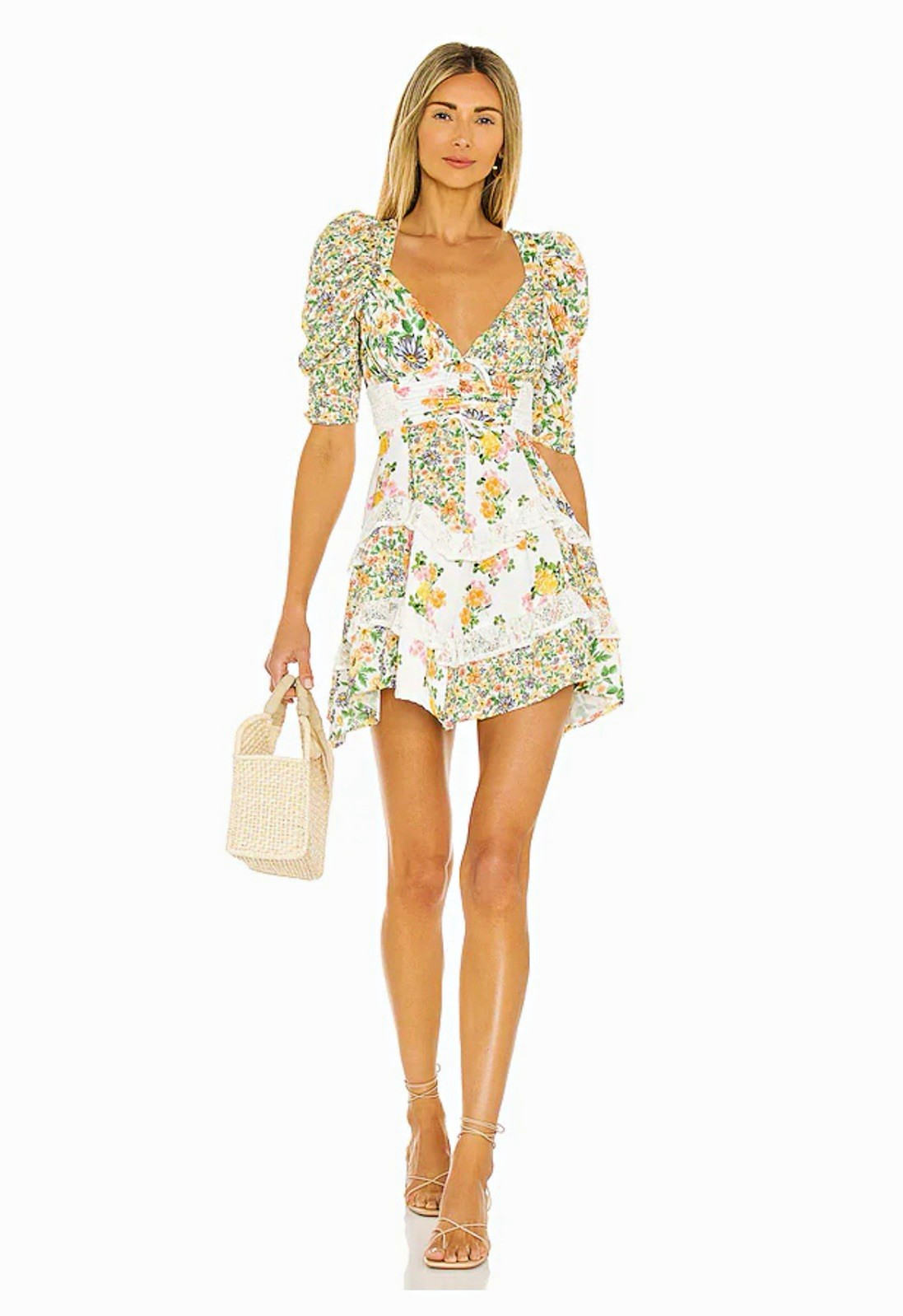 For love & lemons large Floral Rosalyn Mini Dress in White and Pastel Florals