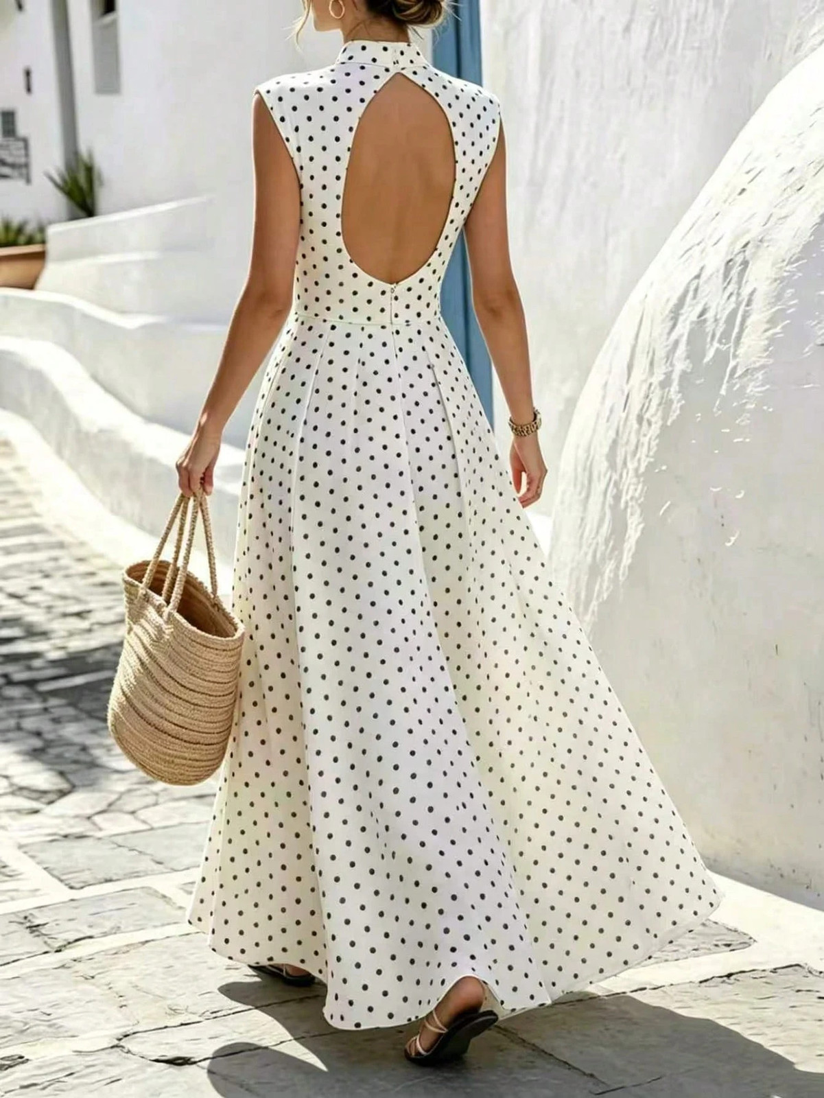 Elegant Polka Dot Pattern Backless Long Dress for Women