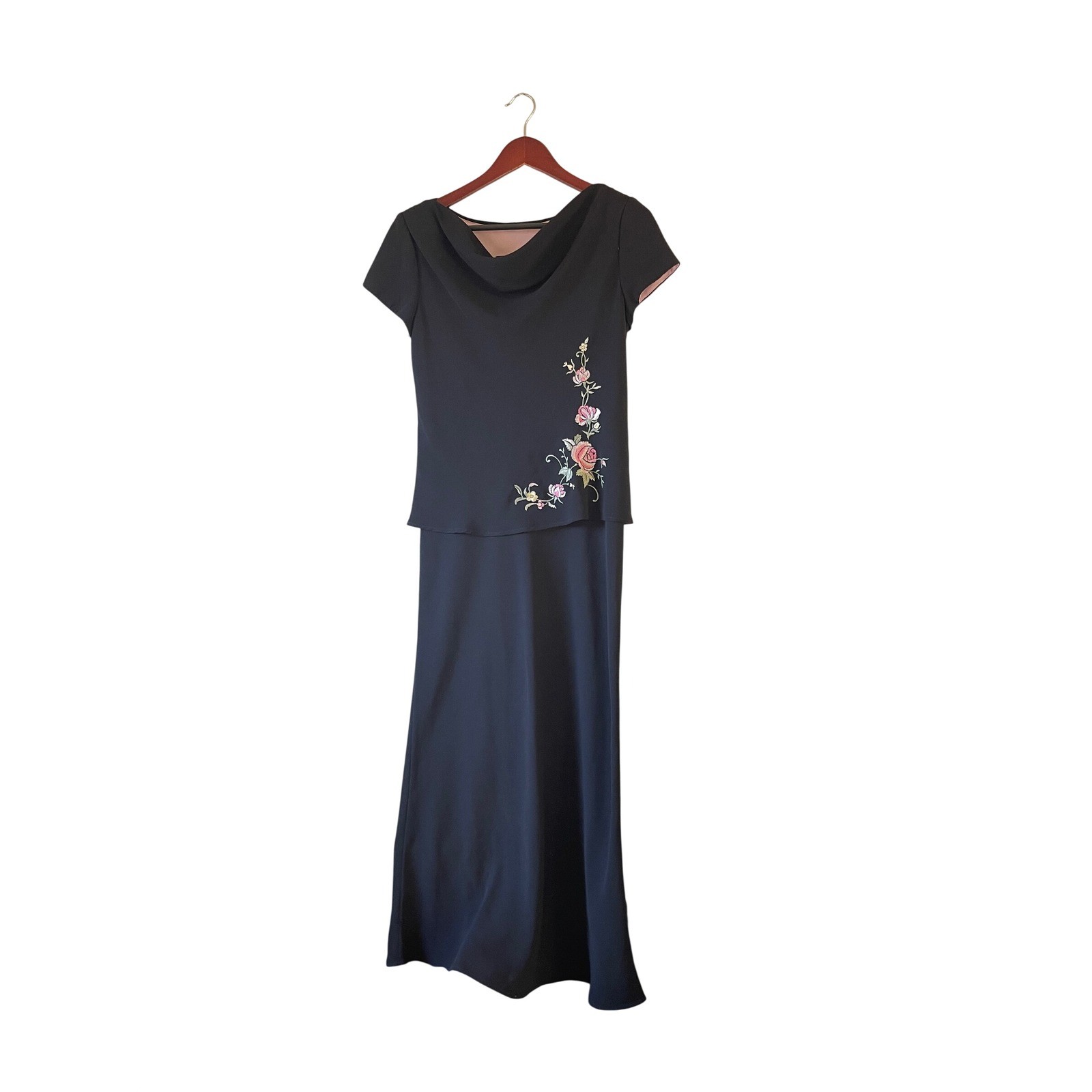 Vintage Womens Black Floral Embroidered Cowl Neck Maxi Dress Layered Look Large