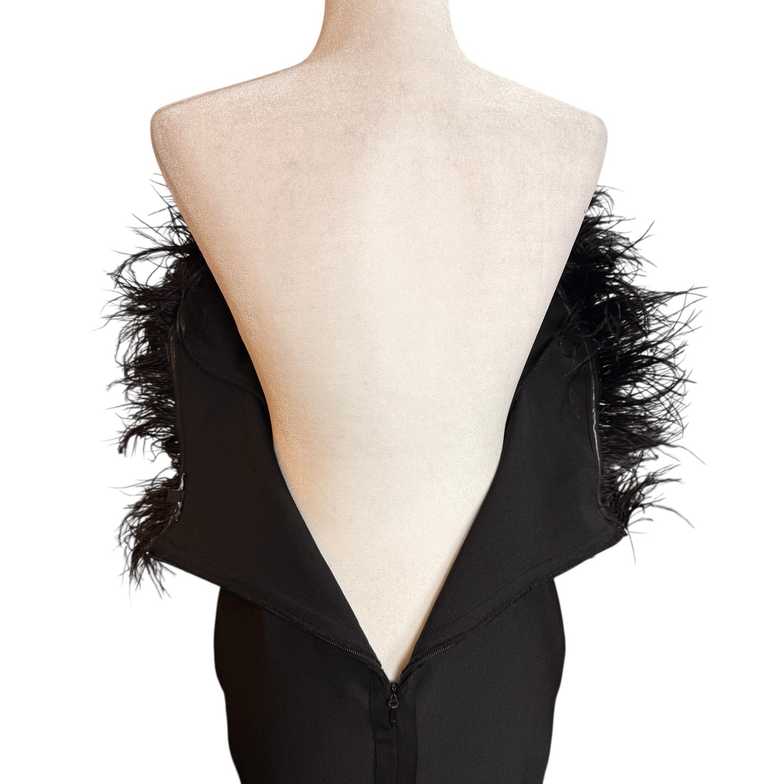 Black Feather Trim Strapless Silhouette Bodycon Dress Size L Dramatic Edgy