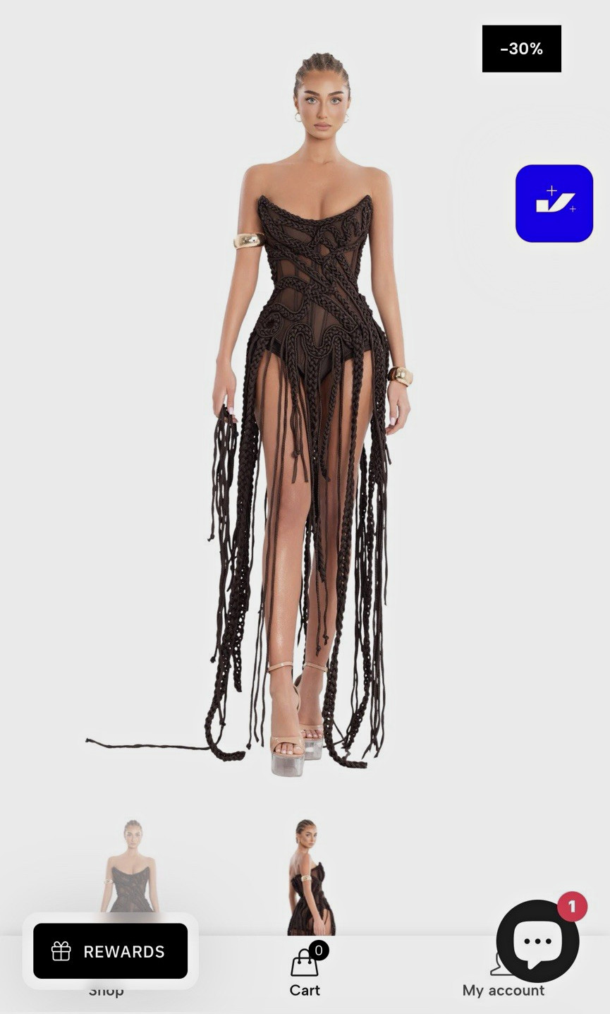 Albina Dyla Black Sheer Mesh Fringe Sweetheart Maxi Dress One Size Party