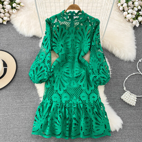 Women Puff Long Sleeve Ruffle Lace Midi Dress Hollow Out Retro Elegant New Dress