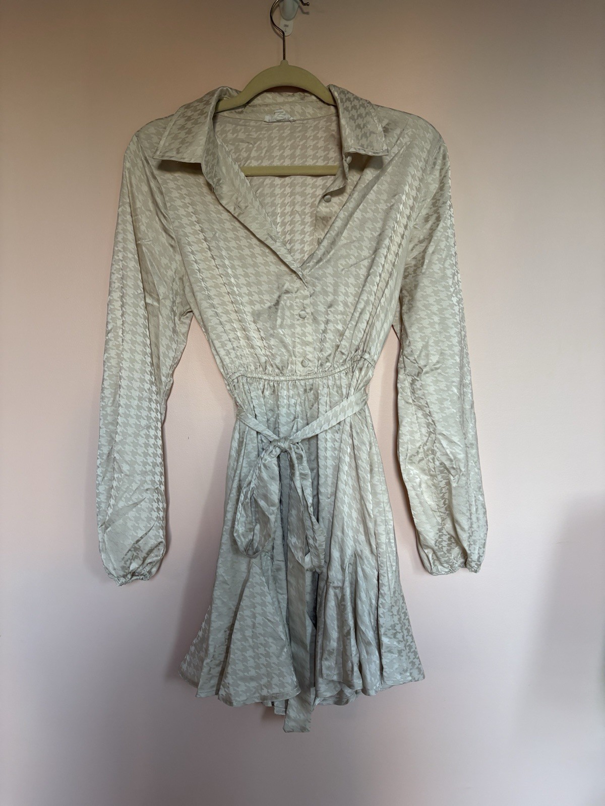 Blu Pepper Cream Houndstooth Satin Shirt Dress Balloon Sleeve Pullover S