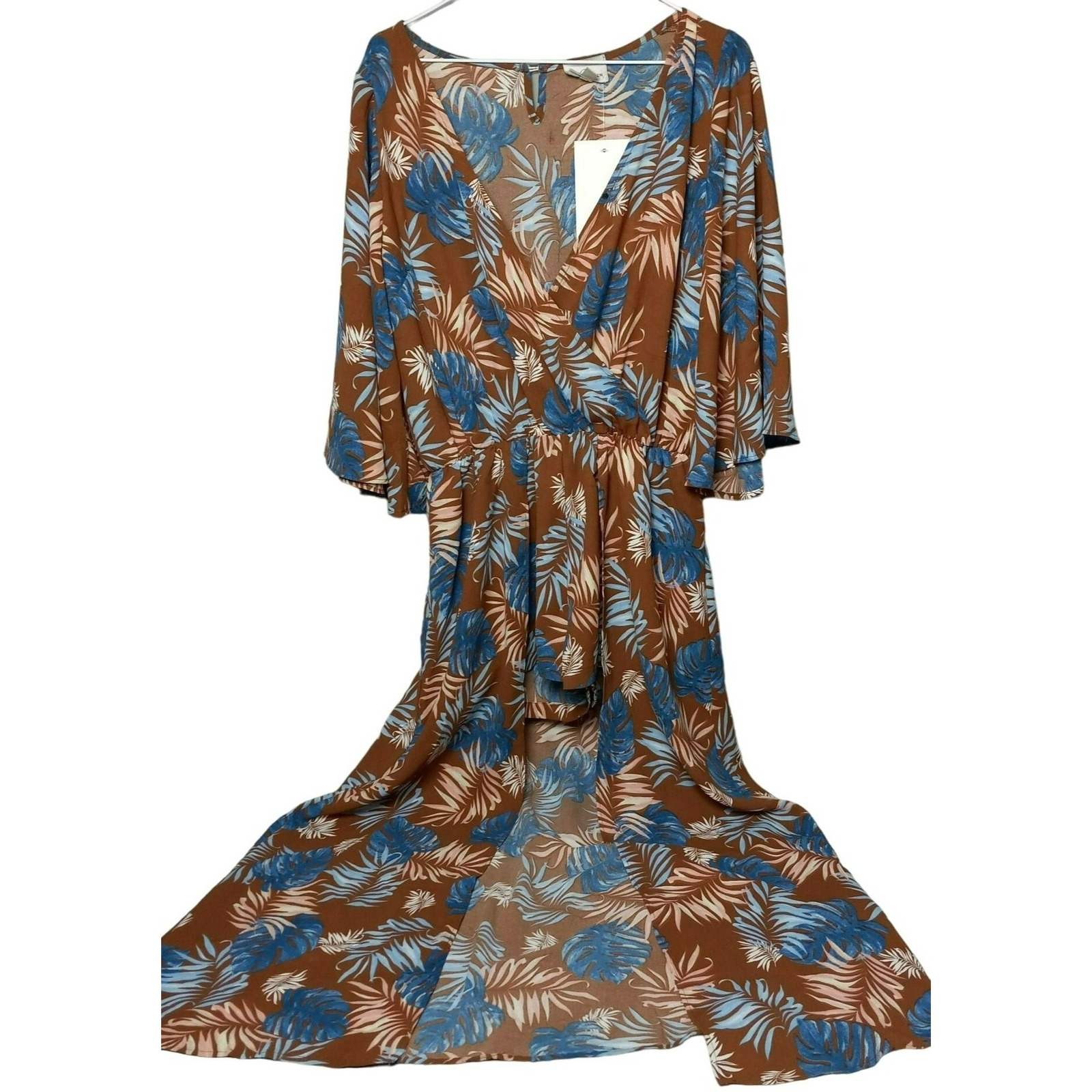 BluHeaven Mini Maxi Dress Women Small Tropical Beachy Boho V Neck Brown Blue NWT