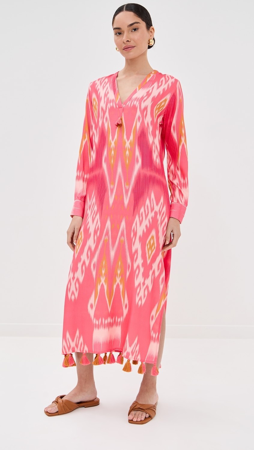 Figue Dress Margaux Salome Ikat Sunset Coral Long Sleeve V Neck Kaftan Size L
