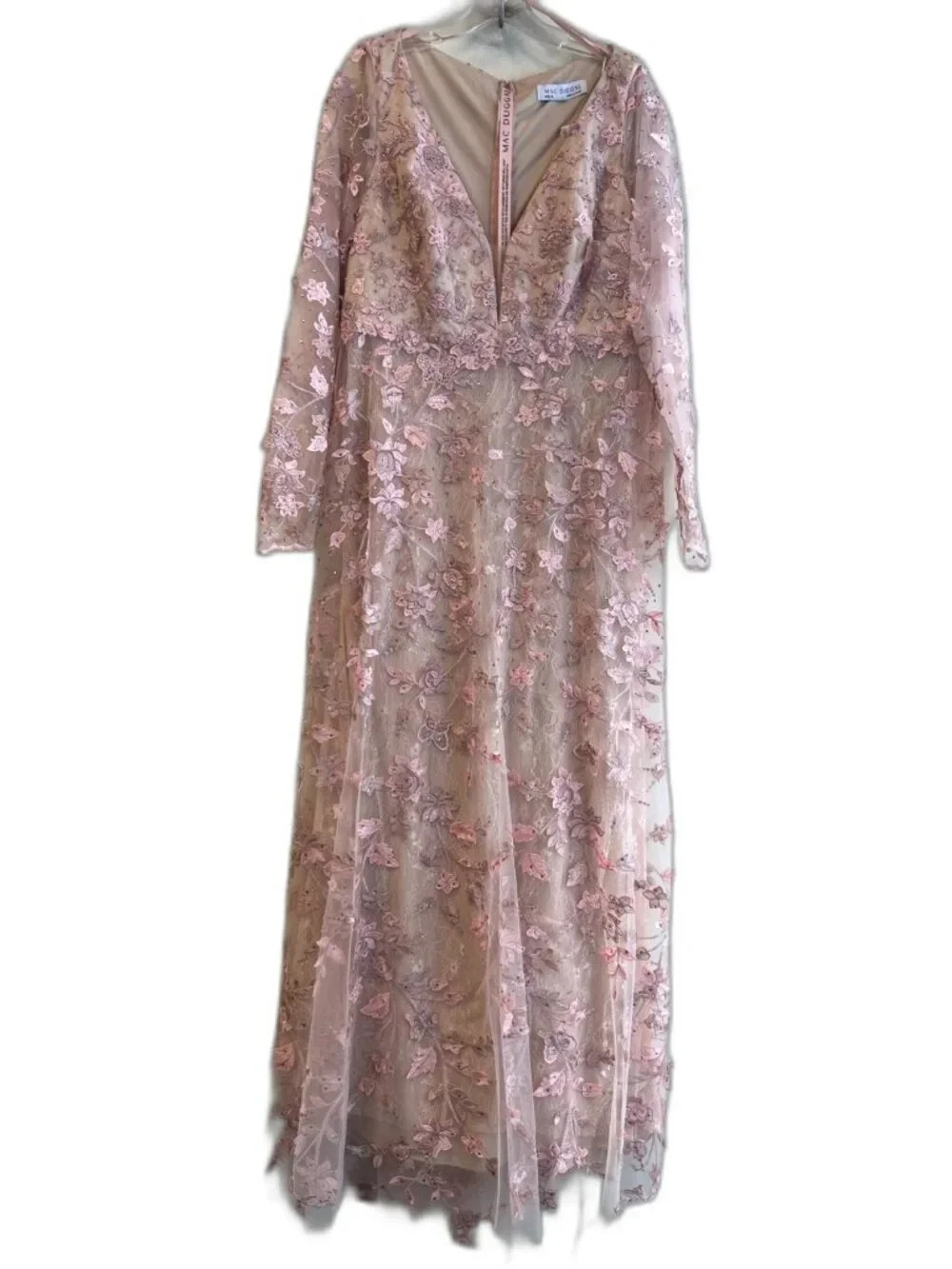 Mac Duggal 70224 Floral Applique Long Sleeve Illusion Gown Rose Pink Size 12 NWT