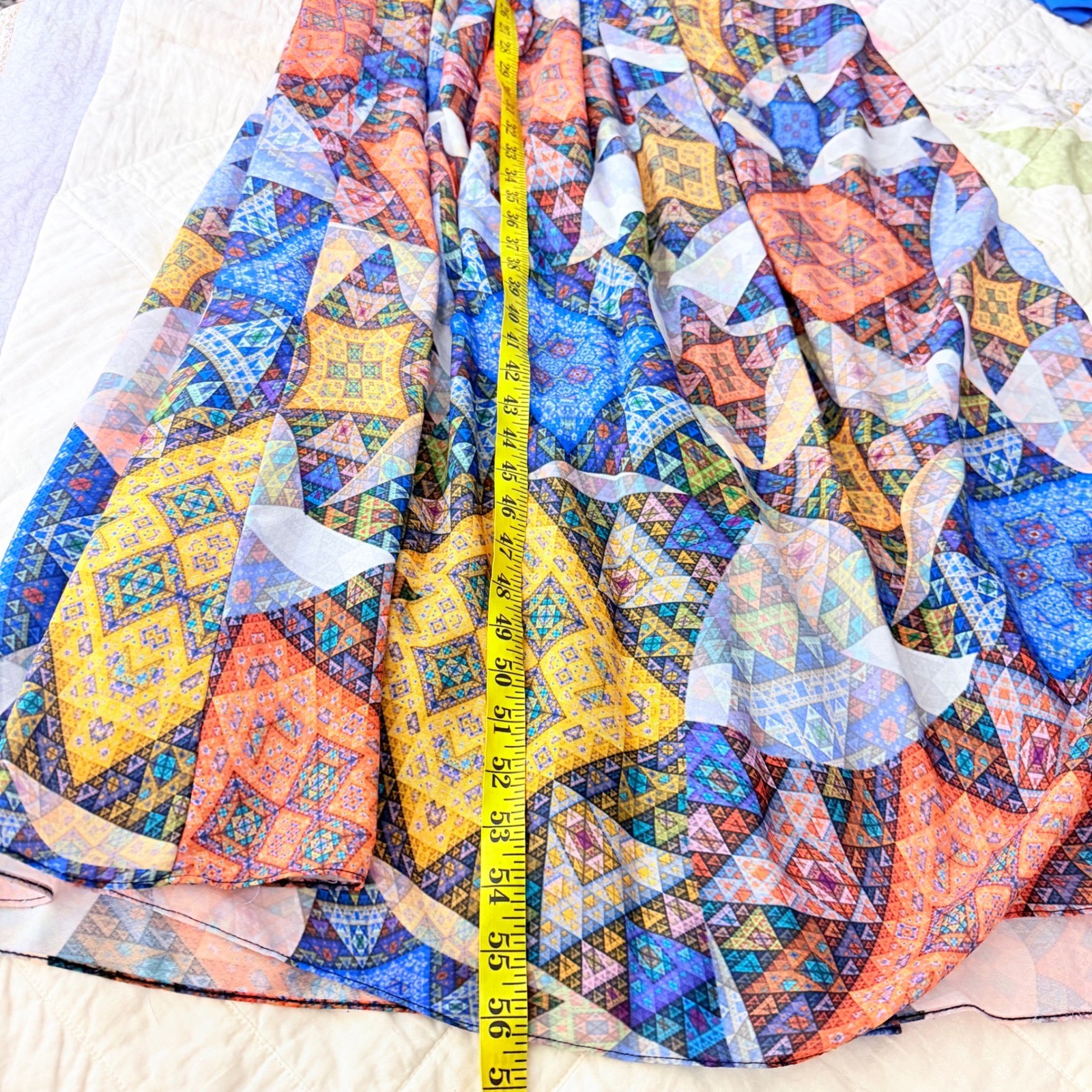 Anthropologie Ranna Gill Geometric Patchwork Pom Pom Maxi Dress Blue Orange M