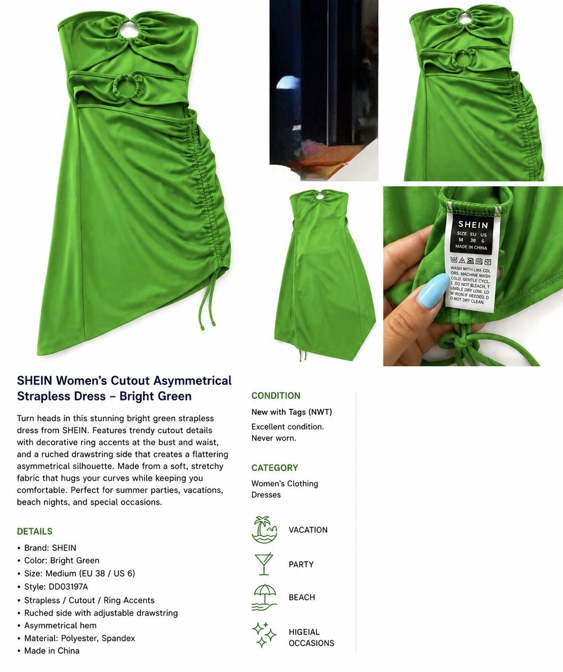 SHEIN Green Satin Strapless Cutout Ruched Asymmetrical Bodycon Midi Dress M