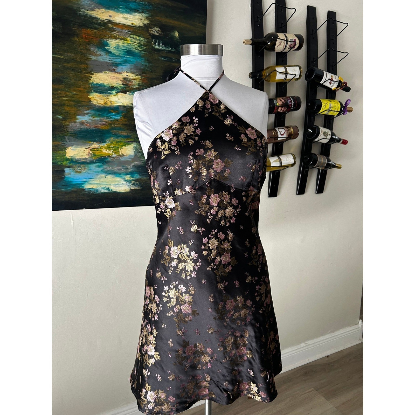 Lulus Halter Mini Dress Medium Black Gold Pink Floral Jacquard Backless