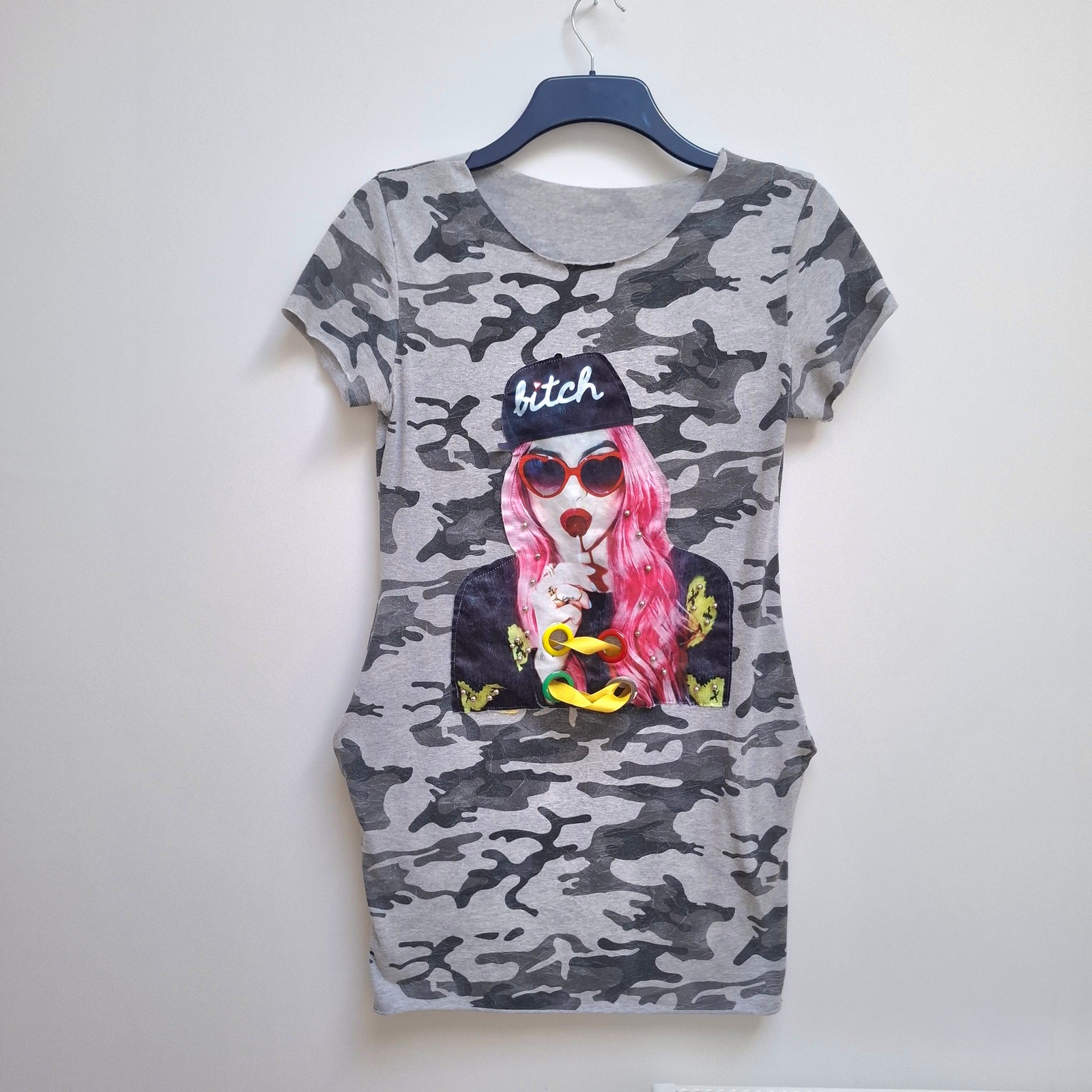 Camo T-Shirt Dress with Pockets UK 10 Graphic Print Short Sleeve Bad Girl Funny