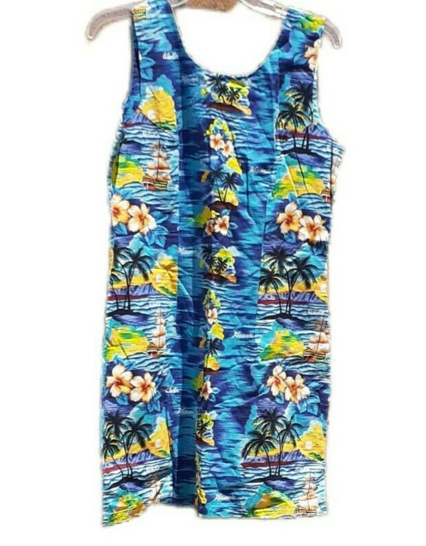 VTG Ky’s Hawaiian Shift Dress Made Hawaii USA Sailboats Hibiscus Blue XL Aloha