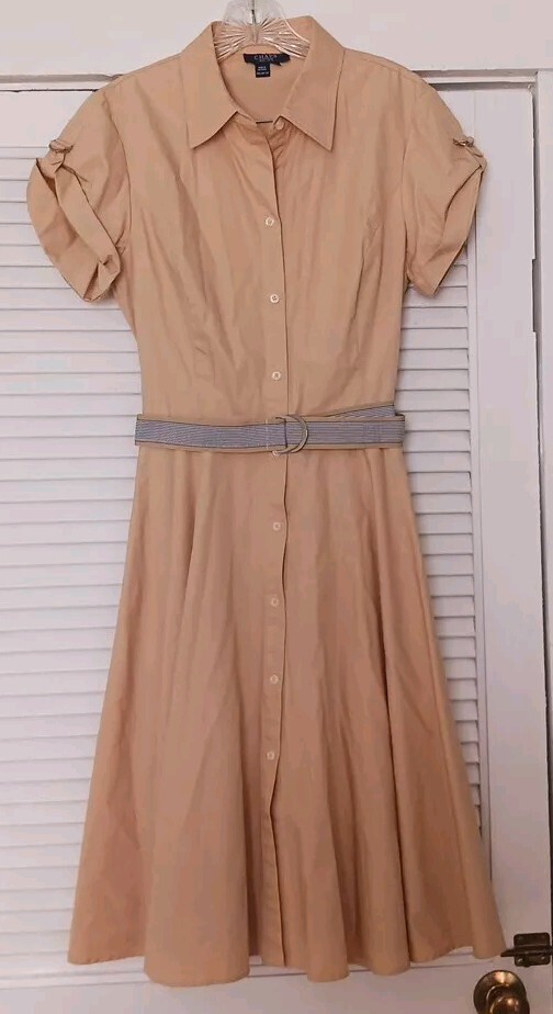 Cotton shirtdress Circle Skirt belted cap sleeves retro Rockabilly CHAPS wmn 10