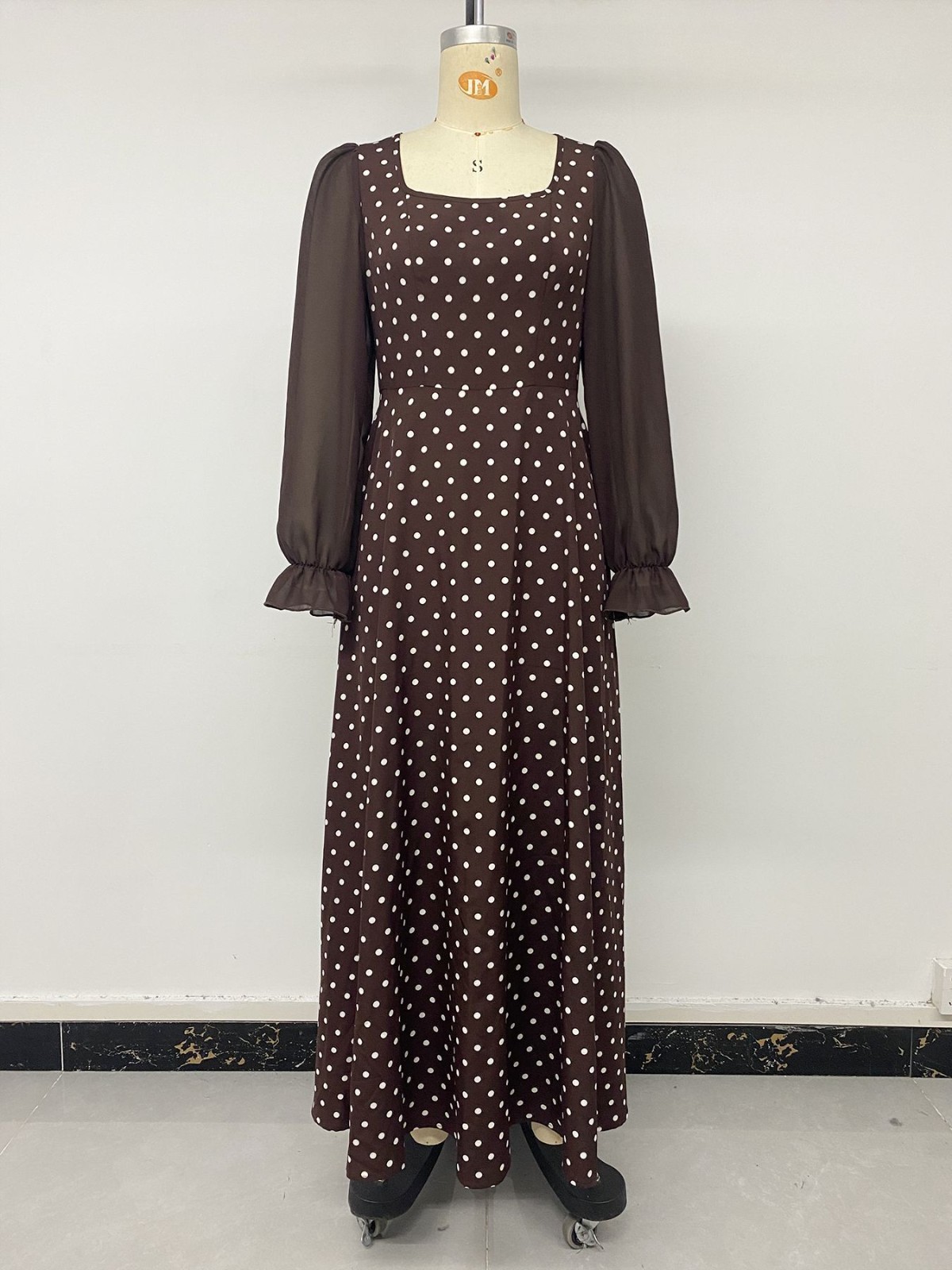 Women’s Polka Dot Square Neck Long Sleeve Maxi Dress