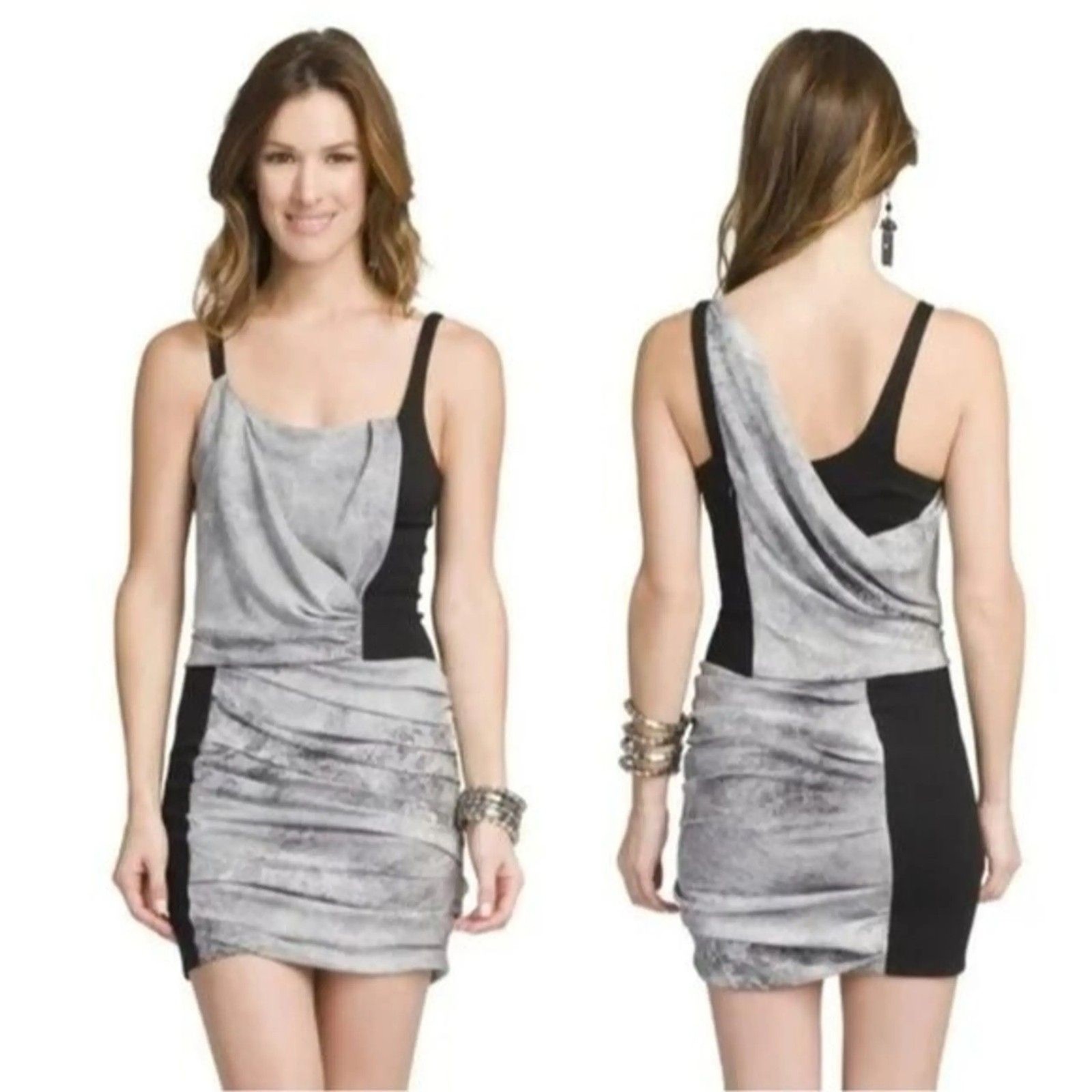 NWOT Helmut Lang Silk Draped Colorblock Graphite Grey & Black Mini Dress Size 2