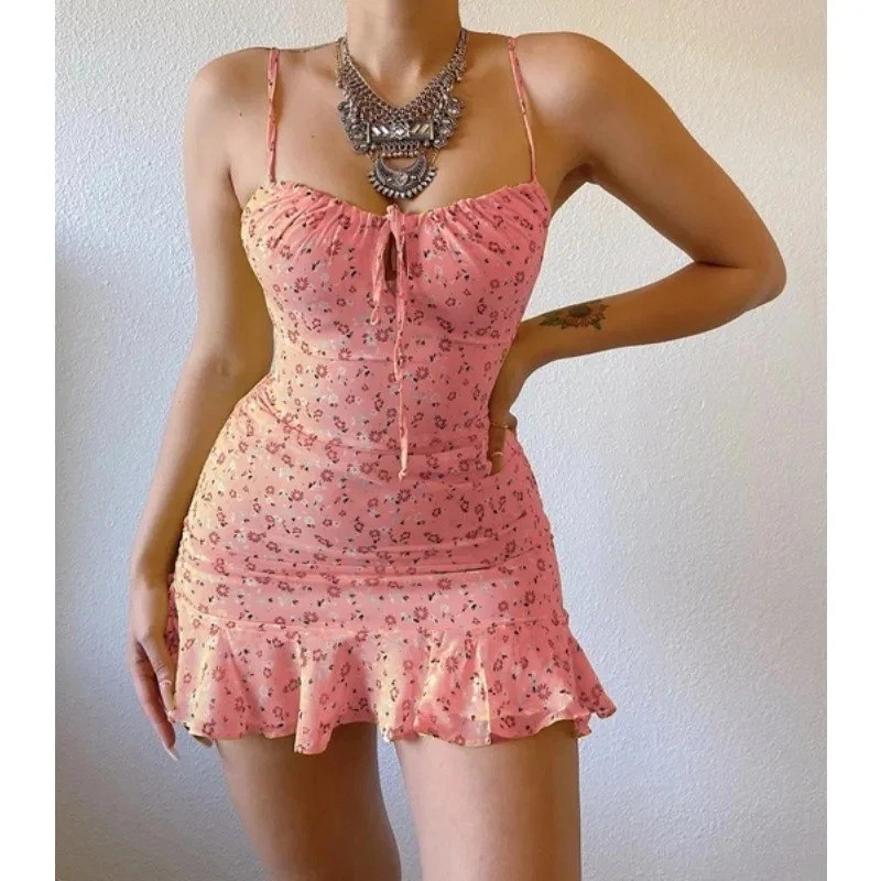 Floral Print Spaghetti Strap Dresses Women Sexy Low Cut Hollow Out Leace-up
