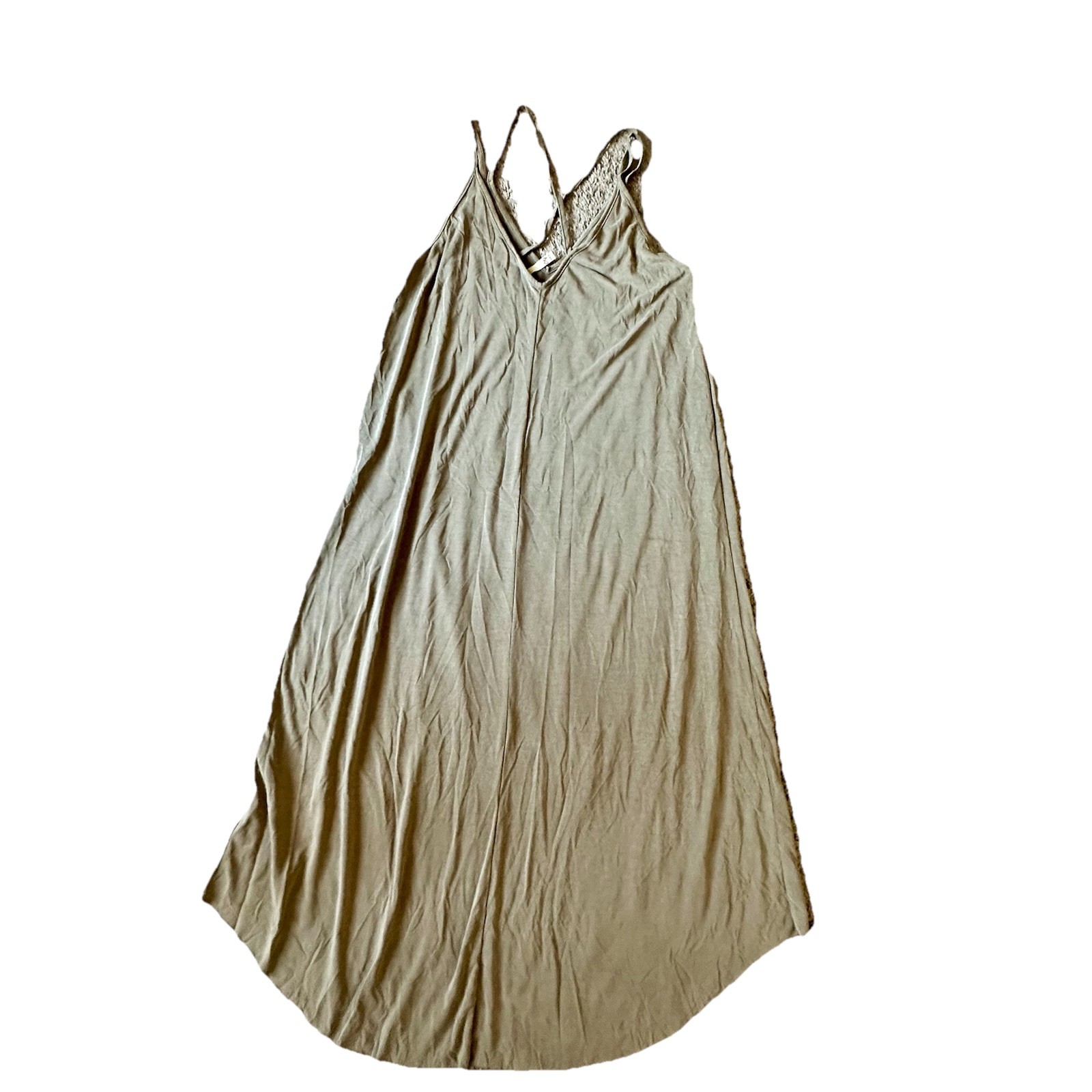 CY USA Women’s Size Large Olive Green Maxi Dress Spaghetti Straps Rayon Blend