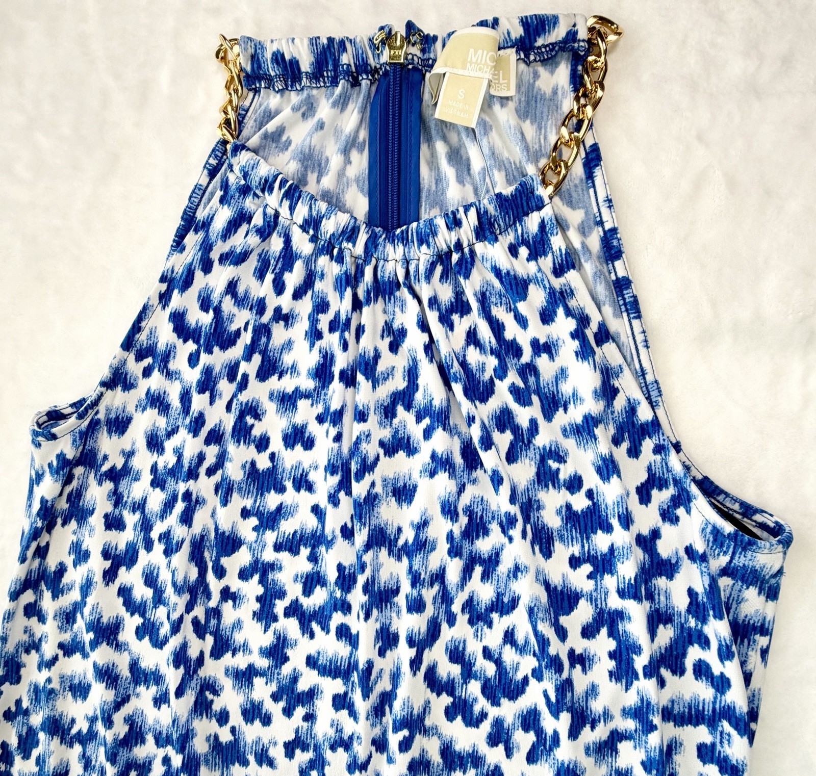 NWT MICHAEL Michael Kors Gold Chain Neck Halter Dress Twilight Blue Abstract S