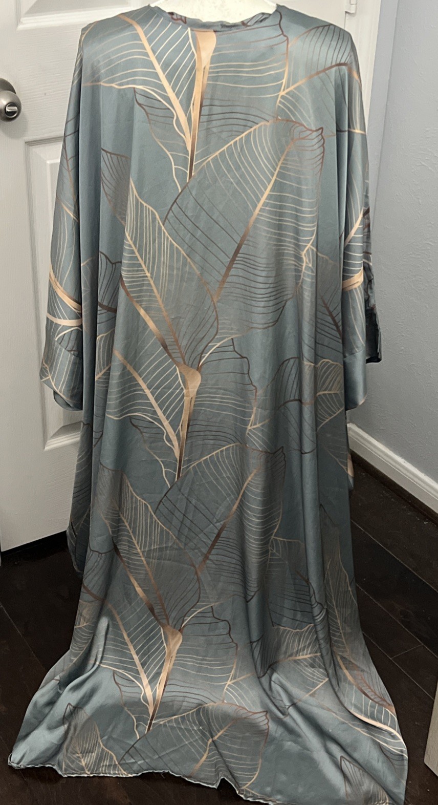 Sheikha, Egypt, Delicate Flowing Sage Green With Gold Leaf Pattern Long Gown