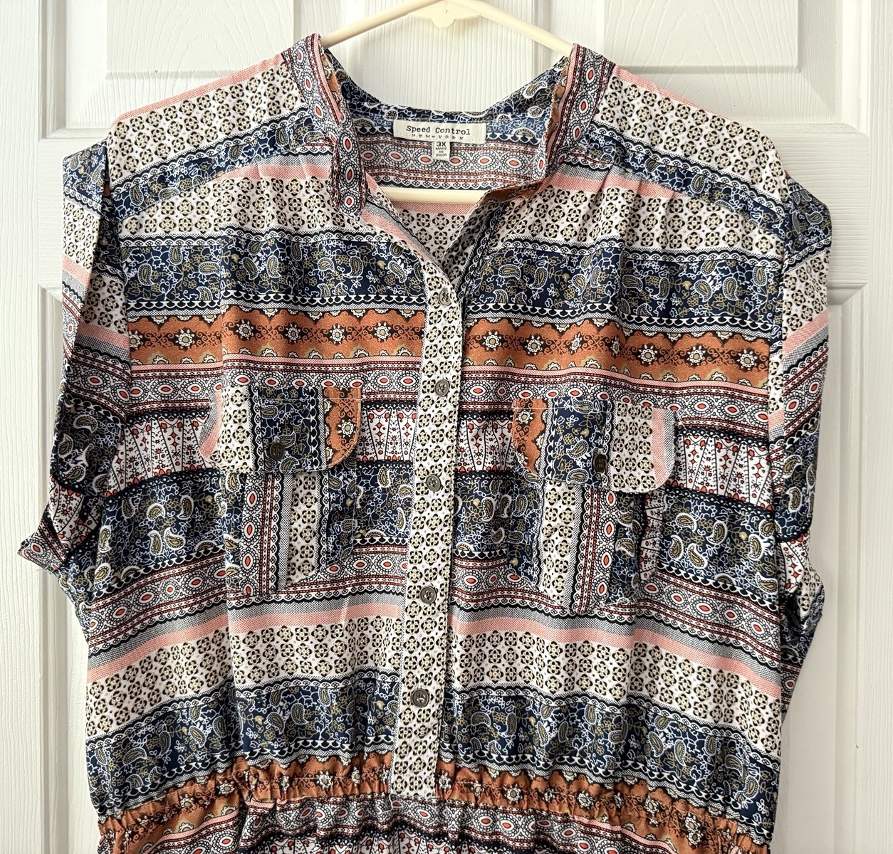 speed control 3X boho paisley stripe multi short sleeve cinch waist button dress