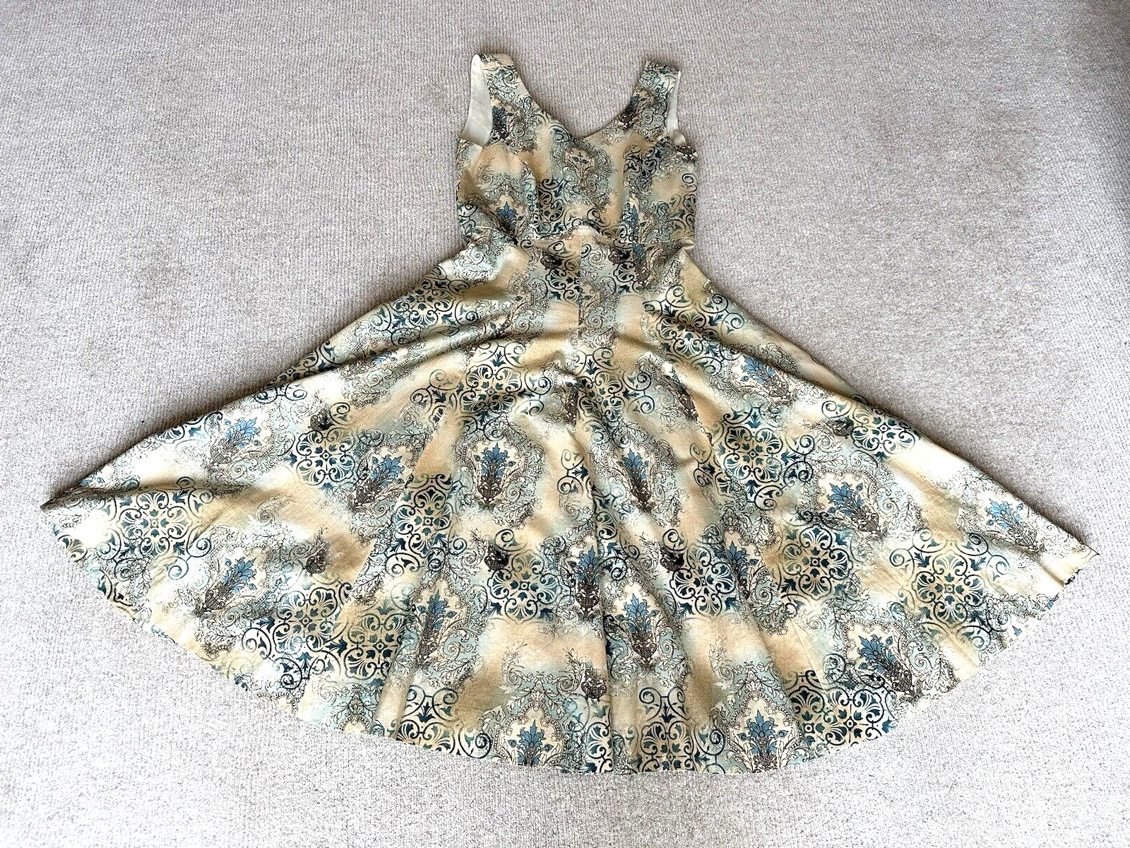 Sundress, A-Line, Size 10/12, Sleeveless, Designer Handmade USA , Blue/Beige