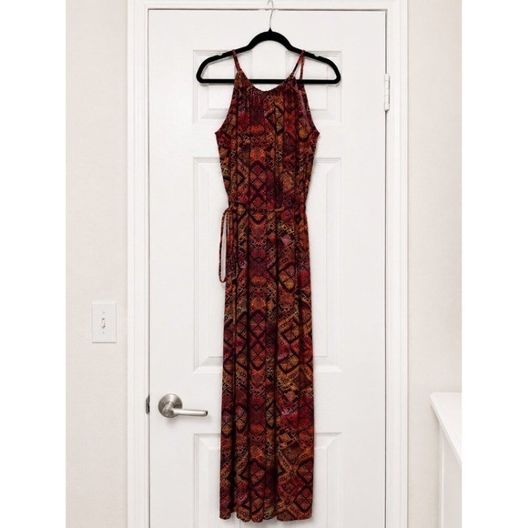 Enfocus Studio Geometric Print Halter Maxi Dress Tie Waist Boho Red Orange Sz 8