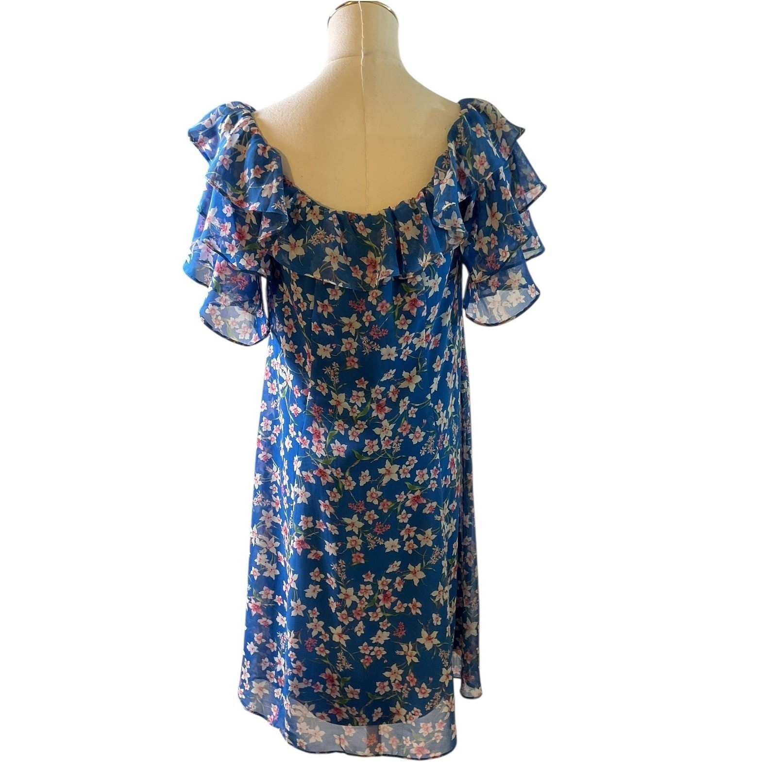 Roz & Ali Blue Floral Ruffle Sleeve Tie Neck Shift Dress Womens Size 8