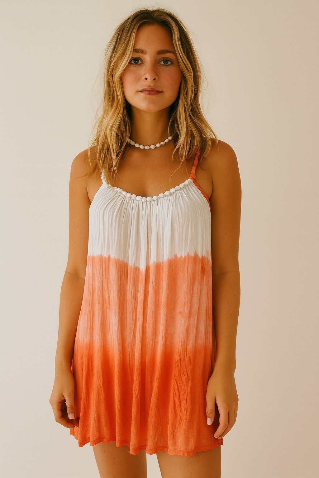 3 Elements Tie Dye Mini Dress Kaftan Tunic Beach Y2K White Orange Surfer Girl