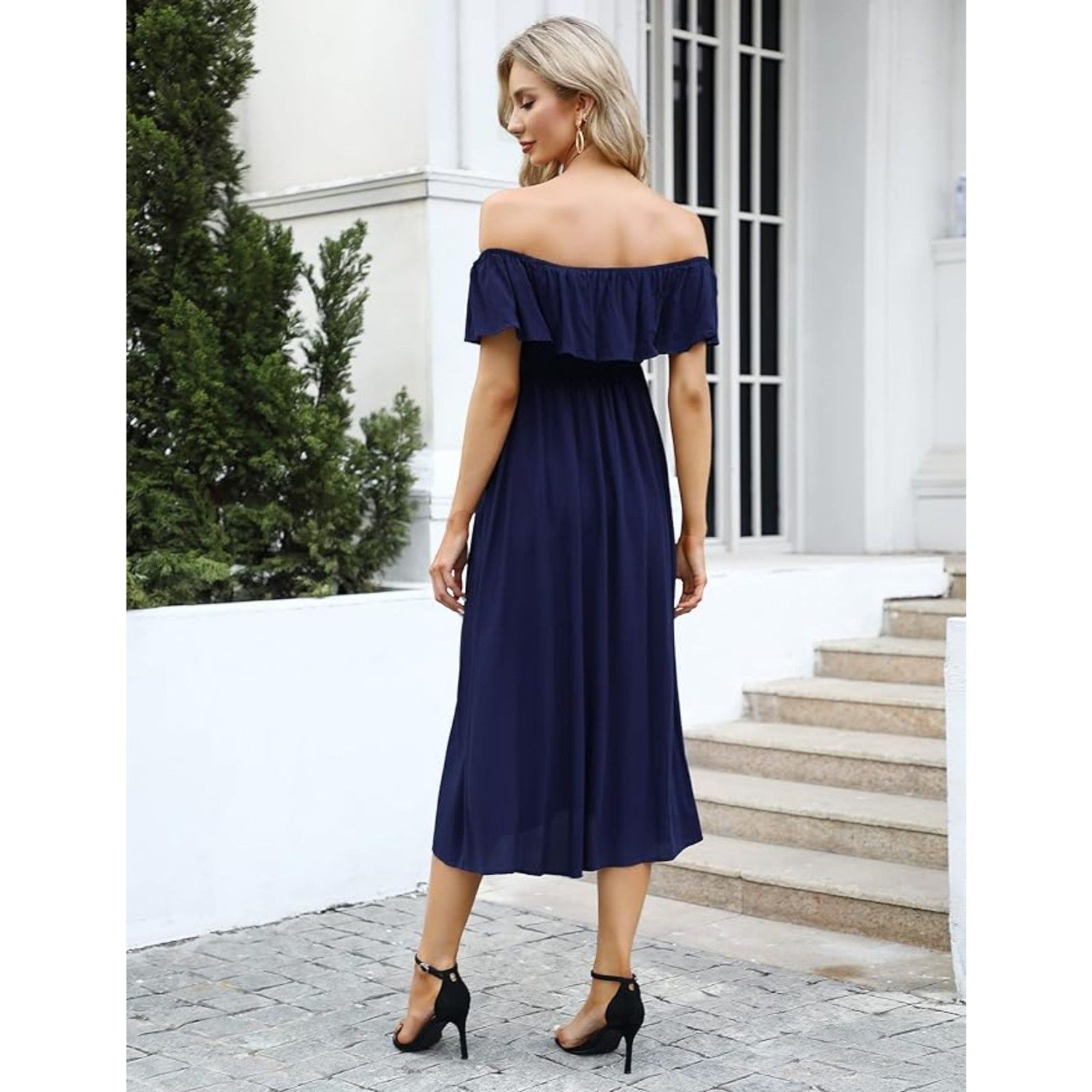 NWT Navy Blue Off Shoulder Maternity Maxi Dress – Baby Shower Photoshoot Boho S