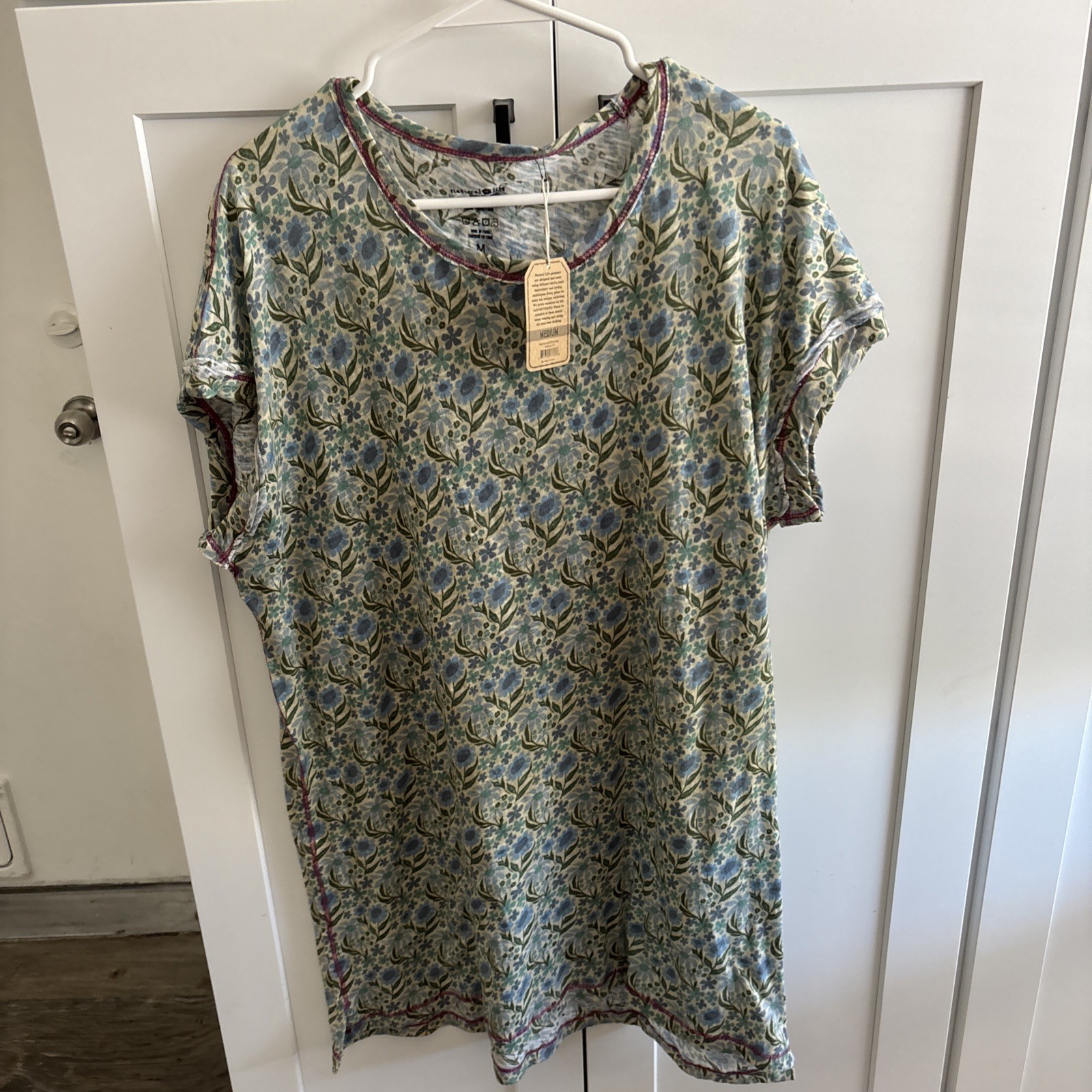 NWT Natural Life Frankie Knit Tee Mini Dress Cotton Slub Blue Green Floral M