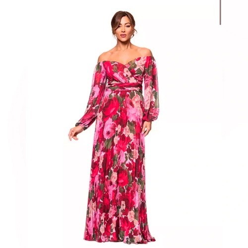 Xscape Red Pink Floral Off-The-Shoulder Pleated Long Sleeve Gown Size 16W $279