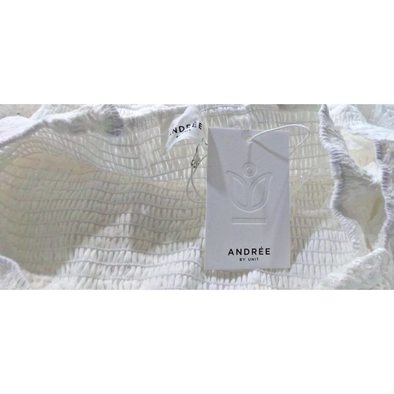 Andree by Unit Ivory Eyelet Dress Smocked Ruffle Strap Midi White Small NWT