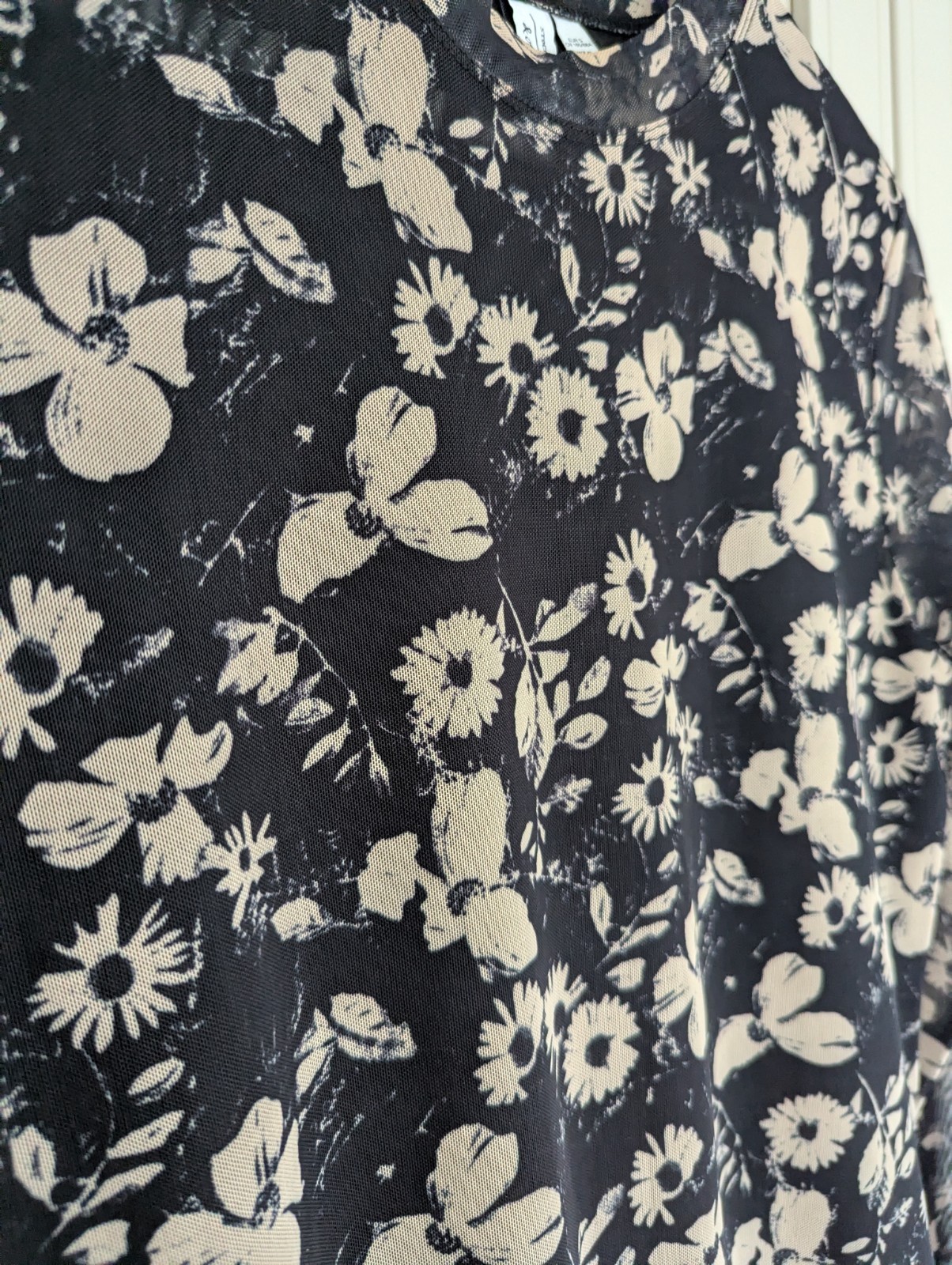 & Other Stories Black Beige Floral Sheer Mesh Long Sleeve Midi Dress Size S 8 10