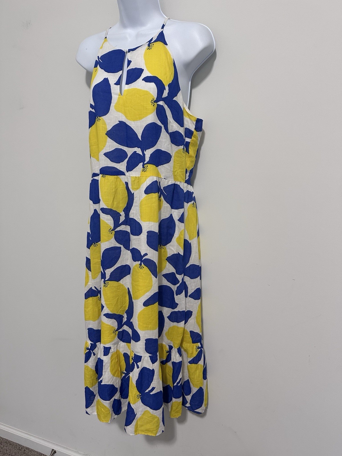 Loft Bright Yellow & Blue Lemon Print Sundress Midi Dress NWT
